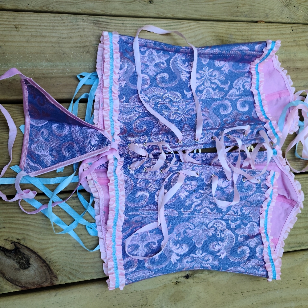 Dolls Kill Pink and Blue Corset Top and thong (XL) - Picture 2 of 2
